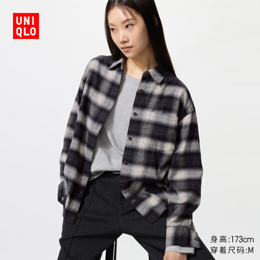 Uniqlo women's flannel shirt/checkered long-sleeved shirt 481173 08 dark gray M /160/84A