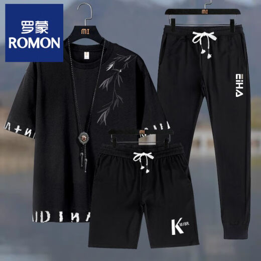 罗蒙短袖套装男夏季新款两件套t恤运动休闲帅气短裤潮流衣服学生 黑色RR(三件套） 6630 M 建议90-100斤