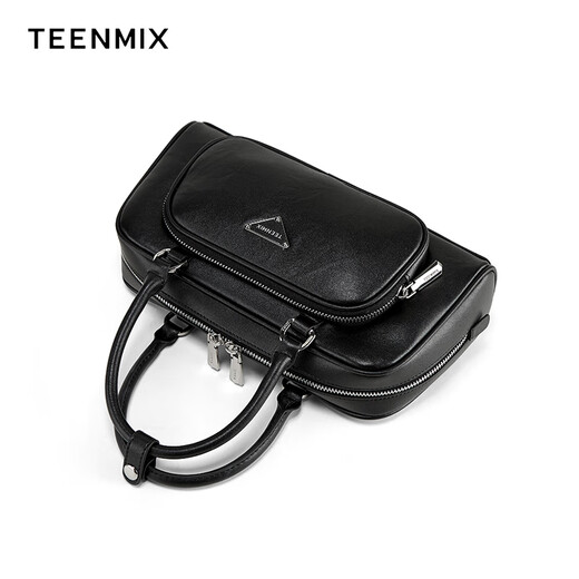 Tianmeiyi women's bag cowhide bowling bag hand grip pleated bag commuter crossbody hand-held shoulder bag birthday gift for girlfriend black