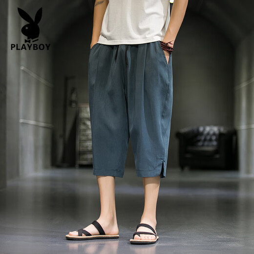 花花公子（PLAYBOY）冰丝七分休闲裤男中国风夏季薄款运动短裤大码宽松哈伦裤垂感裤子 黑色 M 100-115斤