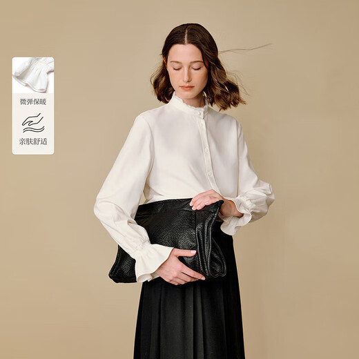 Inman sweet lace stand-up collar furry shirt 2026 winter women's new simple bell sleeve shirt off-white M