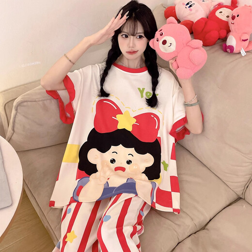 
Junjunsui Dimei pajamas for women in summer 2025 new pure cotton short-sleeved trousers large size cartoon cute student summer home clothing short-length-KAY-88557 L (recommended 90-110Jin [Jin equals 0.5 kg])