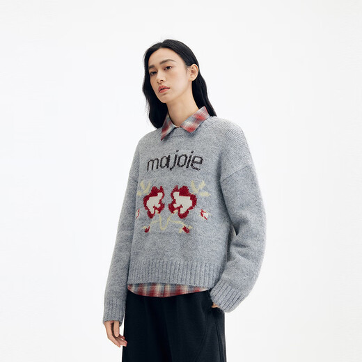 Flying Birds and New Wine Letters Flower Design Round Neck Sweater Women's 2025 Winter New Pullover Sweater Top Light Gray HCC01 S