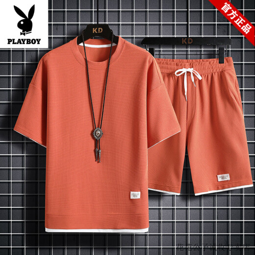 花花公子（PLAYBOY）运动套装男夏季新款白色速干重磅华夫格短袖T恤宽松大码休闲套装 829黑色【套装】 M 100-120斤