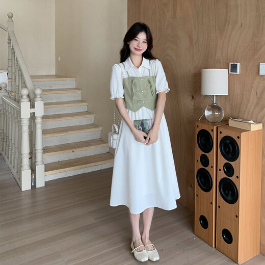 拉夏贝尔（La Chapelle）绿色拼接假两件国风连衣裙女夏2025新款新中式设计感衬衫裙流行 白色 S （建议105斤以内）