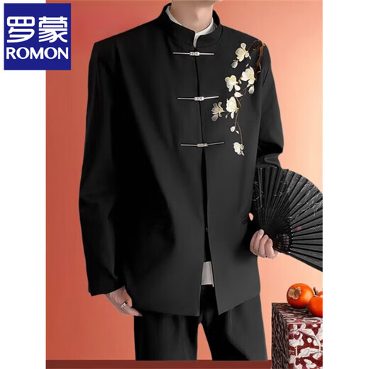ROMON Haute Couture New Chinese Groom's Suit White Magnolia Flower Embroidered Stand Collar Tunic Suit Jacket Engagement Dress XF66 White Magnolia Black (Single Suit) 2XL