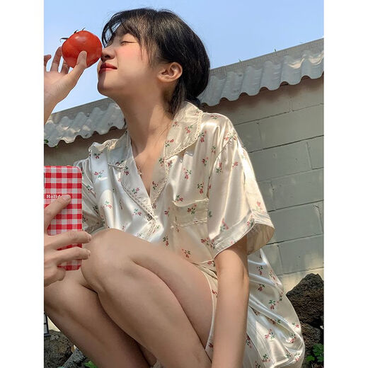 欧伦黛ins新款碎花冰丝睡衣女夏季薄款小清新休闲少女家居服套装可外穿 套YFY9901【丝滑凉感型】 M 【建议80-100斤】