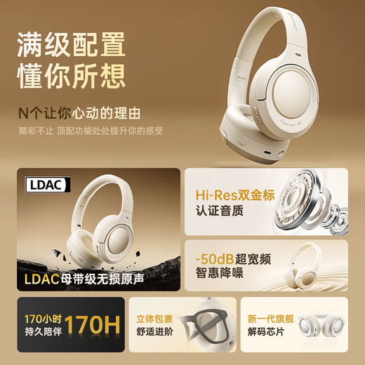 IKF King Pro3.0 Double Gold Label LDAC High Resolution Head-mounted Active Noise Reduction Bluetooth Headset New Wireless Wired Gaming Low Latency Super Long Battery Life Yunyan White