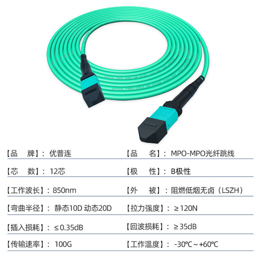 优普连 MPO-MPO光纤跳线 40g/100G跳线万兆多模8芯12芯OM3/OM4集束光钎线兼容MTP尾纤多通道光缆组件 MPO-MPO 多模12芯 100G OM4 30米