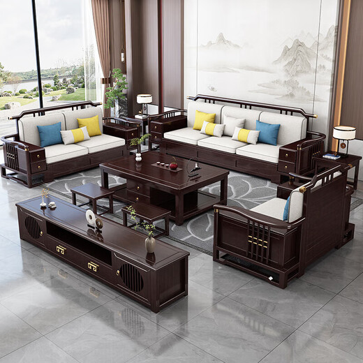 Sala de estar de madera maciza de yayuan nueva combinación de telas de estilo chino de estilo chino Light Luxury Small Apartment Muebles 9906 [Combinación] 1+1+3 [Algodón] Cubierta de algodón y lino