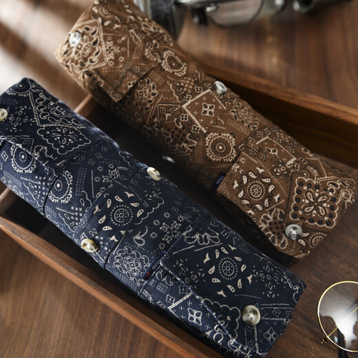 [American workwear] Men's loose cashew flower ethnic style literary retro British niche long-sleeved shirt Navy blue 9717-CPH XL [Suggested 120-140Jin [Jin equals 0.5 kg]]