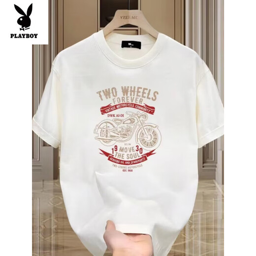 Playboy (Playboy) schweres lustiges kurzärärmiges T-Shirt für Männer im Sommer Reine Baumwolle Retro Motorraddrucker Schulter Rundem Hals halbärmeliges T-Shirt für Männer v683 Weiß M.