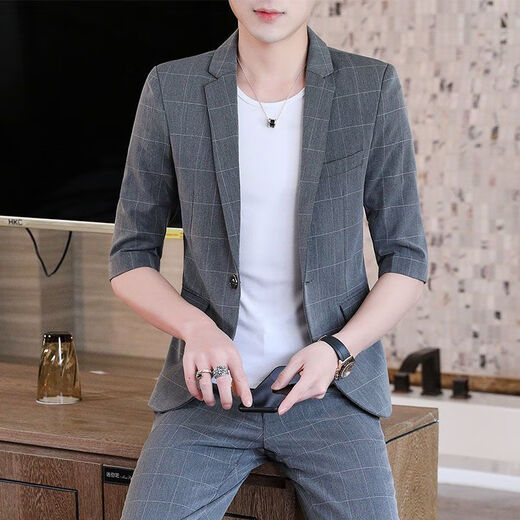 Heyu summer suit casual thin mid-sleeved plaid small suit men Korean style slim green men's seven-quarter sleeve jacket T9926-Grey M [90-105Jin[Jin equals 0.5 kg]]