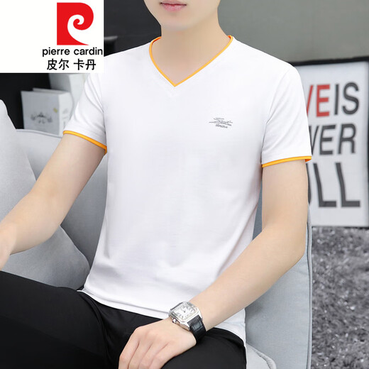 皮尔卡丹（pierre cardin）针织新款男士短袖V领韩版修身男装打底衫半袖休闲男式T恤上衣服潮 691白色 M