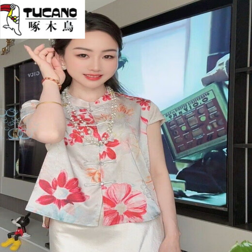Woodpecker New Chinese Style Retro Short-Sleeve Shirt 2025 Summer Design Sense Jacquard Round Neck Sleeveless Vest Temperament Top [Like a Fish in Water] Short-Sleeve XL Recommended 90-120Jin [Jin equals 0.5 kg]