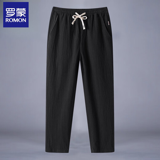 ROMON cotton linen pants men's summer thin cropped pants men's new Chinese loose large size straight line trousers H8223 black XL 130-145Jin [Jin equals 0.5 kg]