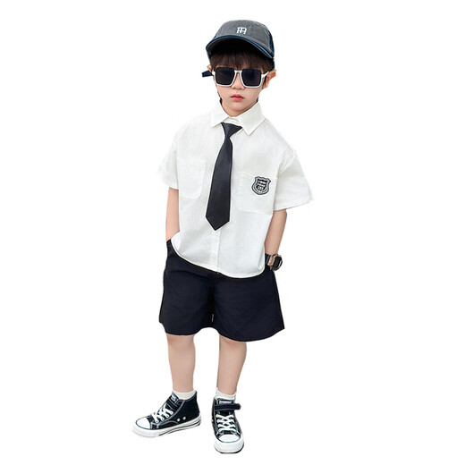 G.DUCKKIDS Little Yellow Duck Boys Suit Summer College Style Children's Suit Performance Suit Boys White Shirt Black Pants Two-piece Set White Shirt + Black Pants + Tie 140 Recommended for 9 to 10 years old [130-140cm]cm