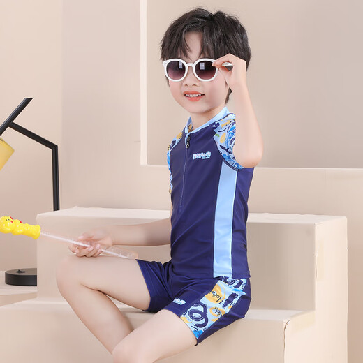 Shaquhe children's short-sleeved swimming suit student swimming training new split swimsuit swimming trunks handsome baby high elasticity and quick drying swimming goggles + earplugs + nose clip 130 (recommended weight 35-45Jin Jin equals 0.5 kg)