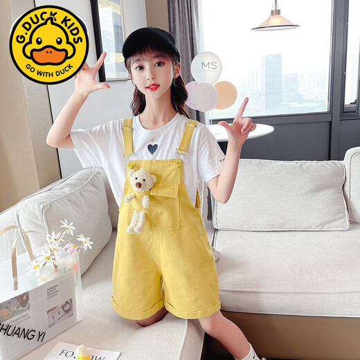 G.DUCKKIDS女童小熊牛仔背带裤套装2025夏新款韩版洋气儿童牛仔短裤爱心T恤 单件蓝短款背带裤 110cm