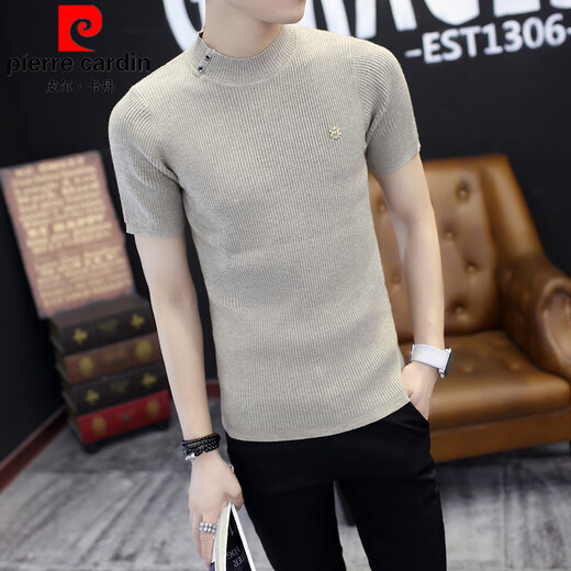 皮尔卡丹（pierre cardin）男士针织半袖T恤春秋季半高领男装打底衫2025新款帅气男装上衣服 9902黑色 M
