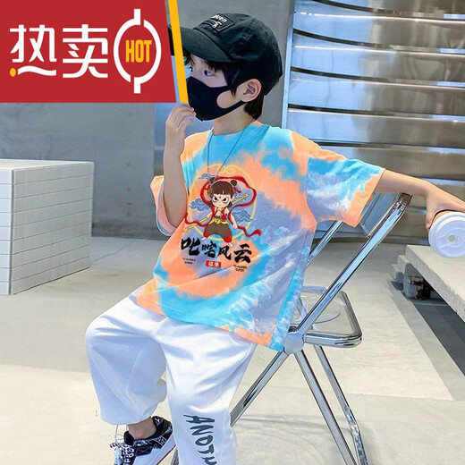 G.DUCKKIDS哪吒男童短袖T恤扎染夏季新款中大童卡通大童t恤儿童上衣潮 橘蓝色-9435 140 cm 建议身高130-140cm