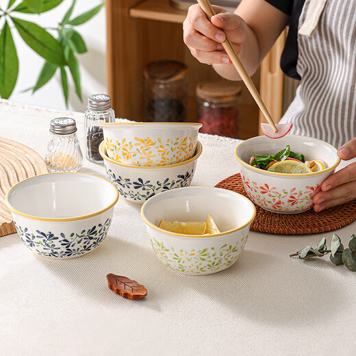 Four seasons prosperous bamboo hat bowl household ceramic eating underglaze color rice bowl set prosperous 4.5 inch bowl 1 piece green