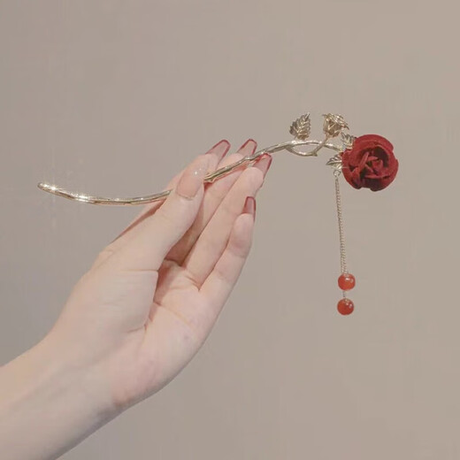 Wenque Chinese style rose hairpin, antique style hairpin, temperament tassel headdress, French retro cheongsam, 1 red rose hairpin