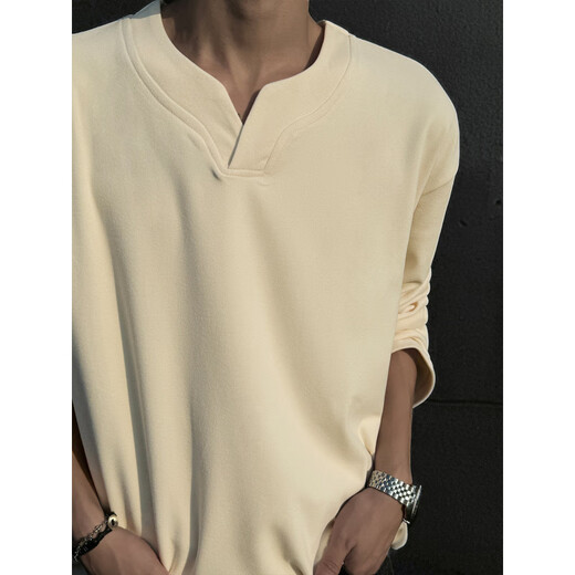 UKUHPK heavyweight German velvet V-neck long-sleeved T-shirt men's autumn and winter cleanfit American fashion brand inner layering shirt sweatshirt Henry black M