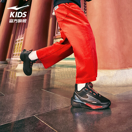 Hongxing Erke (ERKE) children's shoes for boys and girls, large and small children's sports shoes, children's knob buckle dense mesh running shoes, black/carbon gray 36