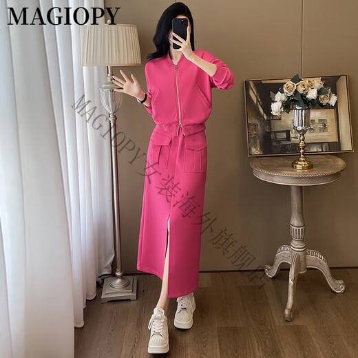 Magiopy International Luxury High-End-Marke Europäisches Temperament Casual Mode-Modeanzug für Frauen im Herbst Minimalistischen Stil Black Jacket Top Rose Red Zwei-teiliger XL (121-130jin [Jin ist gleich 0,5 kg]))