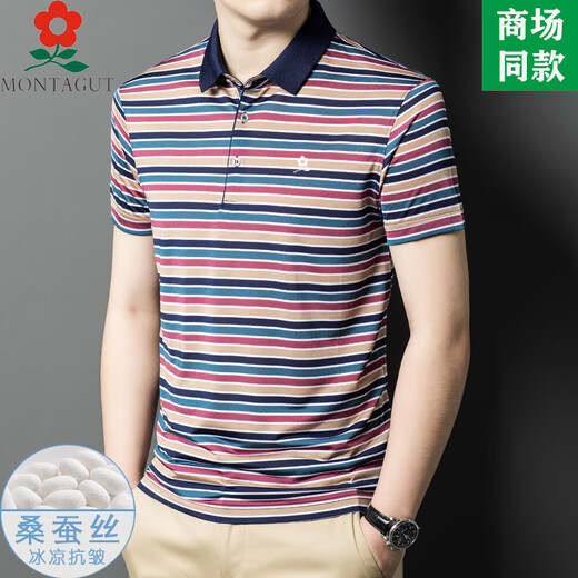 Mengtejiao Offizielles Flaggschiff für Männer mit 100 Mulberry Seide kurzärmeligte T-Shirt im mittleren Alter im mittleren Alter, der gelegentlich eishäutig ist, Striped Revers Polo Sweatshirt A829-rot M 165 Geeignet für 100-115jin [Jin gleich 0,5 kg]
