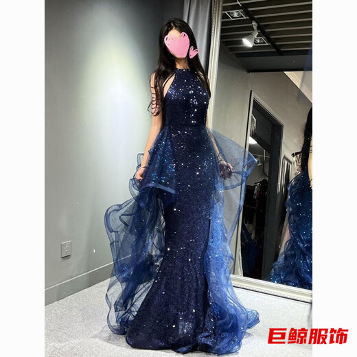 Tromlfz temperament evening dress skirt for women light luxury niche high-end host birthday coming-of-age ceremony elegant violin performance suit blue S