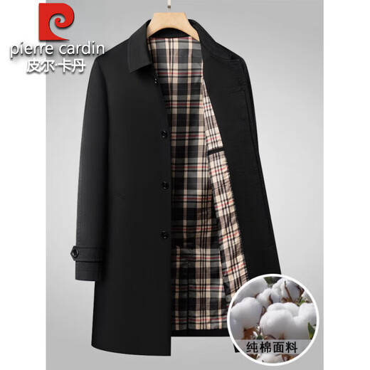 皮尔卡丹纯棉中长款风衣男2025春秋商务休闲100%全棉大衣中年爸爸翻领外套 黑色 2XL 185 160-175斤