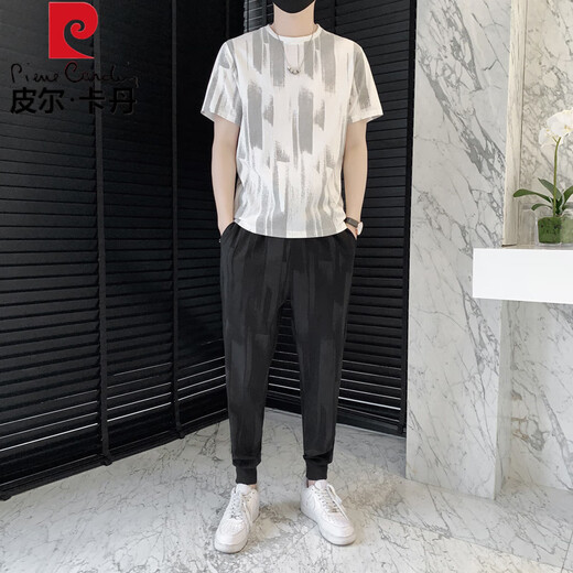 Pierre Cardin Anzug Herren Sommereis Seide Kurzärärmelte T-Shirt für Männer trendy Slim Fit hübsches neun-Punkte-Hose Freizeitsport zweiteiler Set Grey 719 Anzug M Empfohlen 85-105jin [Jin gleich 0,5 kg]