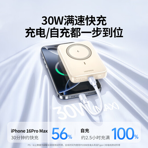 绿联【3C认证可上飞机】磁吸充电宝无线充10000mAh30W快充便携移动电源兼容Magsafe适用苹果/华为/小米
