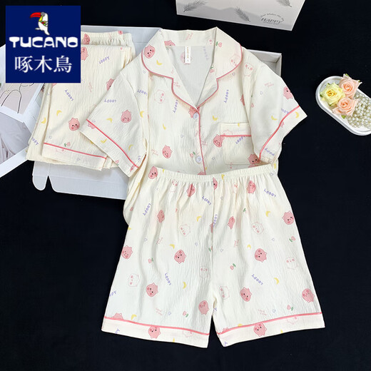 Woodpecker Cute Ruby Pure Cotton Gauze Pajamas for Women in Summer Short Sleeve Three-Piece Set Internet Celebrity Cartoon Outdoor Home Summer Cloud Cotton-J9901# Paradise Puppy Three-Piece Set M [Suggested 75-100Jin [Jin equals 0.5 kg]]