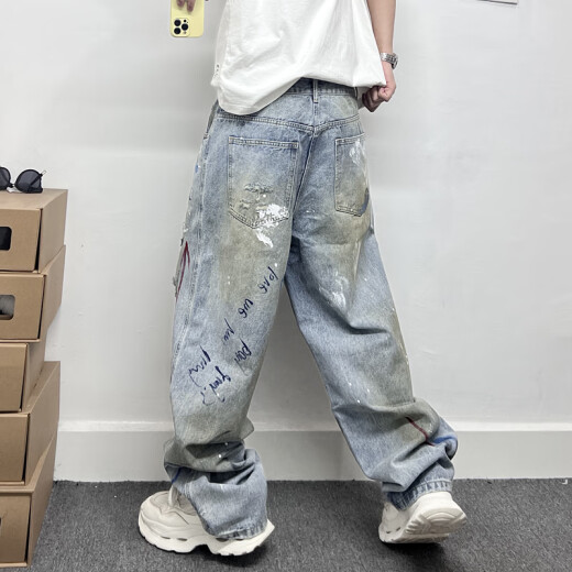 Smyslenny轻奢侈新品牌美式高街潮牌涂鸦泼墨嘻哈破洞牛仔裤男水洗浅蓝色宽 浅蓝色_H3897 S _105-125斤