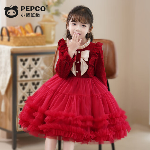 Piggy Banner (PEPCO) girls dress spring and autumn fashionable little girl autumn and winter dress children's dress princess dress autumn red 130