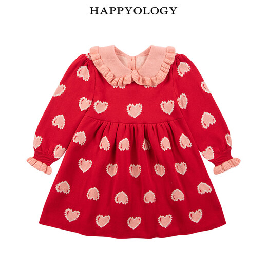 Happyology British children's autumn and winter new skirt girl's love woolen ruffled jacquard dress princess red 92 (92cm)