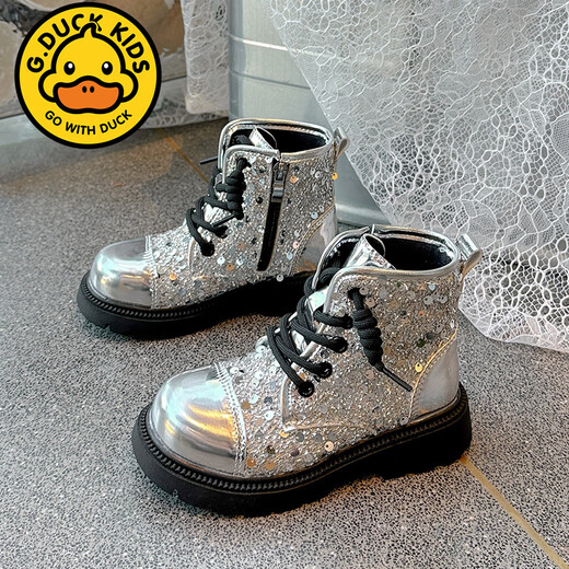 G.Duckkids Kinder Martin Boots Girls Autumn Single Stiefel 2025 Neue britische vielseitige Kurzstiefel mit mittlerer Kinder-Pailletten-Mode-Lederstiefel schwarz 31 innere Länge 19,6 cm