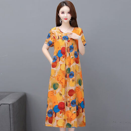 Hanqing Zhongsu Summer Floral Cotton Silk Robe Fomen in Women's Summer Round Coul Round Style Co dans la mode de grande taille de grande taille du tempérament d'âge moyen 9923 Modèle n ° 3 XL (Recommandé 90jin [Jin est égal à 0,5 kg] -120jin [Jin est égal à 0,5 kg]))
