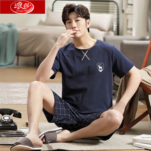 Langsha Pure Cotton Herren Pyjamas Sommer kurzärmelige Shorts Home Clothes Herren Sommer Dünne losen Plus-Size-Anzug HD9930 Kurzärärmig Anzug Herren L 100-130jin [Jin gleich 0,5 kg]