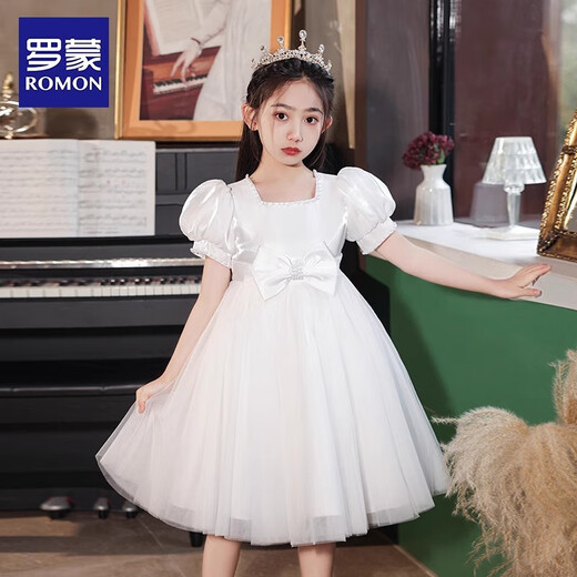 罗蒙毕业演出主持人礼服女童毕业白色公主裙生日花童钢琴 白色120