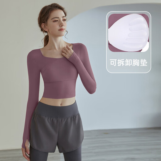 Bright dip fitness wear long sleeves with chest pad yoga T-shirt short internet celebrity running tight Pilates training sports top for women Berry Purple S