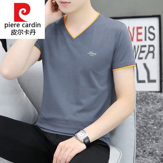 Pierre cardin knitted men's short-sleeved 2025 new pure cotton v chicken heart neck T-shirt for youth summer thin half-sleeved trendy top black QY691 M