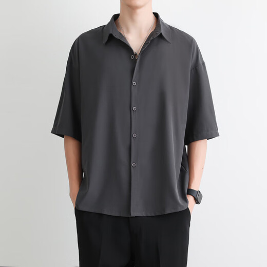 Short-sleeved shirt men's 2025 summer ice silk black casual shirt loose draping spring new business top white 3XL recommendation [165-175Jin[Jin equals 0.5 kg]]