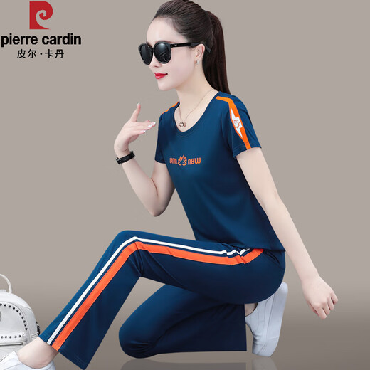 Pier Cardin wide-leg pants sports suit for women in summer 2025 new Korean version short-sleeved running casual wear summer fashionable two-piece set 3888 models/fruit green L recommended 100-110Jin [Jin equals 0.5 kg] No pilling, no fading