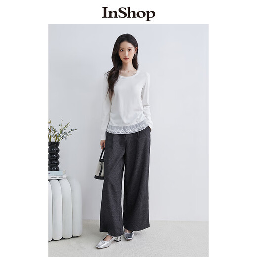 InShop shopping mall same style new women's commuter v-neck vest with long-sleeved top and wide-leg trousers three-piece set, dark gray L
