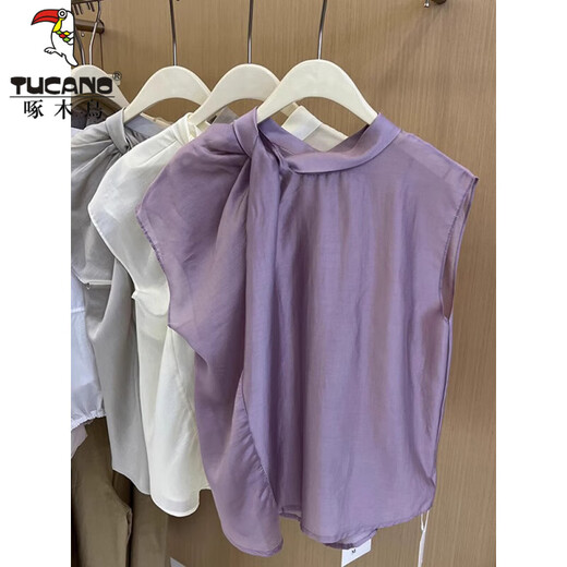 Woodpecker Ice Silk Niche Design Beautiful Sleeveless Shirt Women's Summer Korean Style Sweet Temperament French Top 6160-Purple XL Recommended 115-125Jin Jin equals 0.5 kg