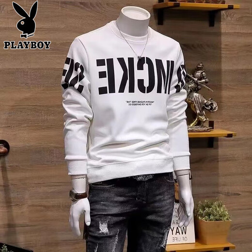 Playboy (PLAYBOY) high-end 2025 new spring, autumn and winter men's sweatshirt trendy brand trendy slim round neck printed pullover base shirt for men H1278-Black plus velvet M Recommended 90-110Jin [Jin equals 0.5 kg]